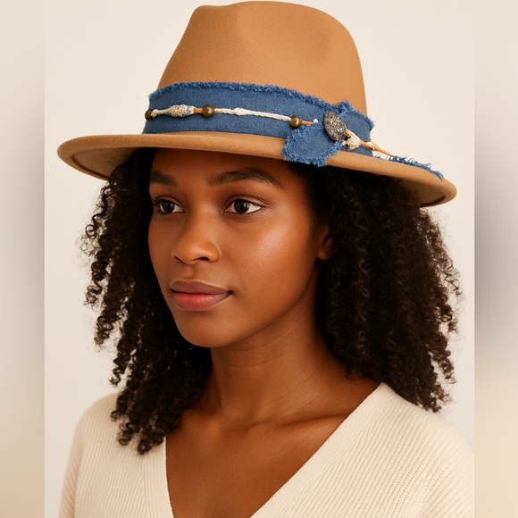 Women’s Camel Panama Hat with Denim Blue Band & Beaded – Boho Western Fedora